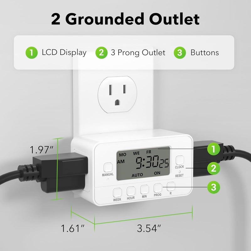 BN-LINK 7-Day Heavy Duty Digital Timer with Dual Outlet, LCD Display, 3-Prong Programmable Design, for Lights, Fans, Coffee Machine, Home, Kitchen, Office, Indoor Use, 125V 15A 1875W, 1 Pack - Image 2